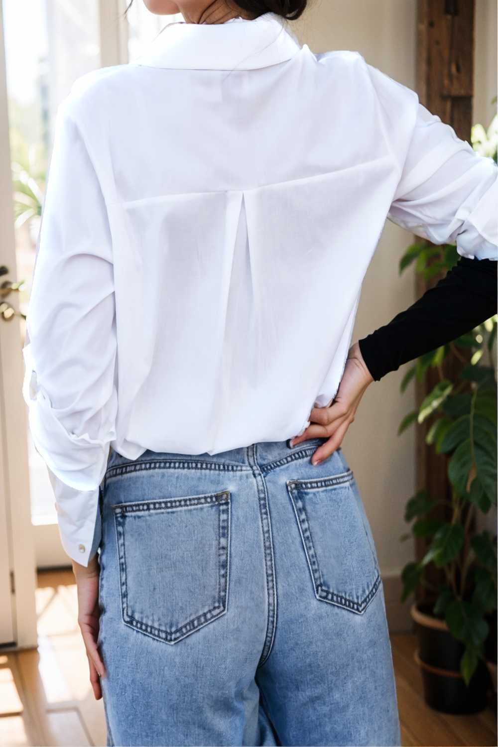 simple long sleeve v neck button blouses