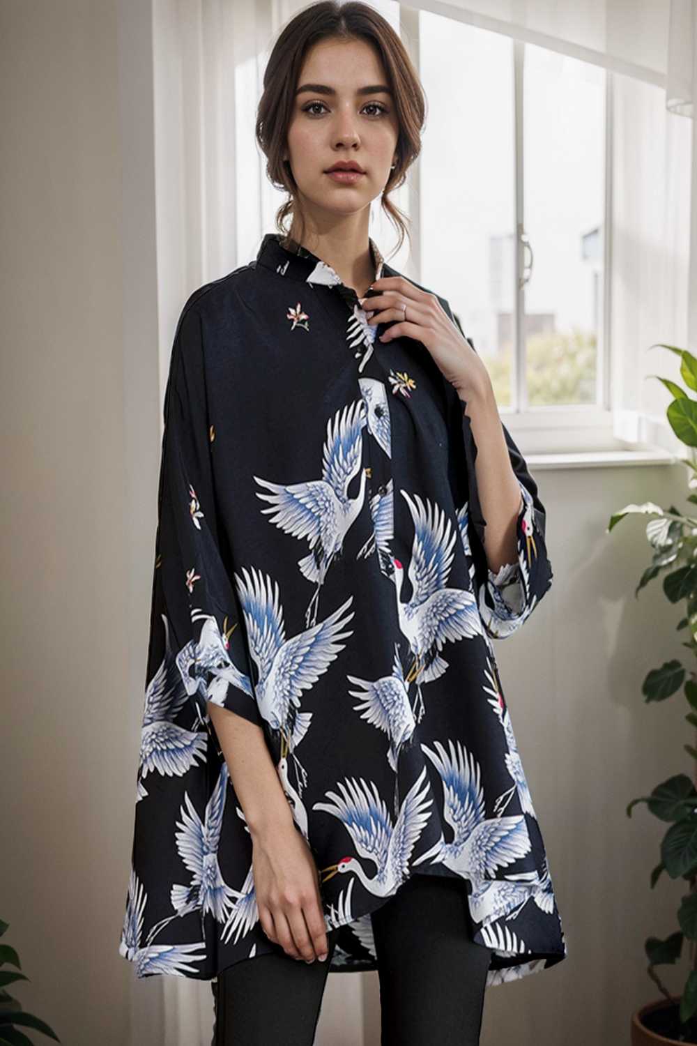 size curve blouses crane print loose oversized blouse
