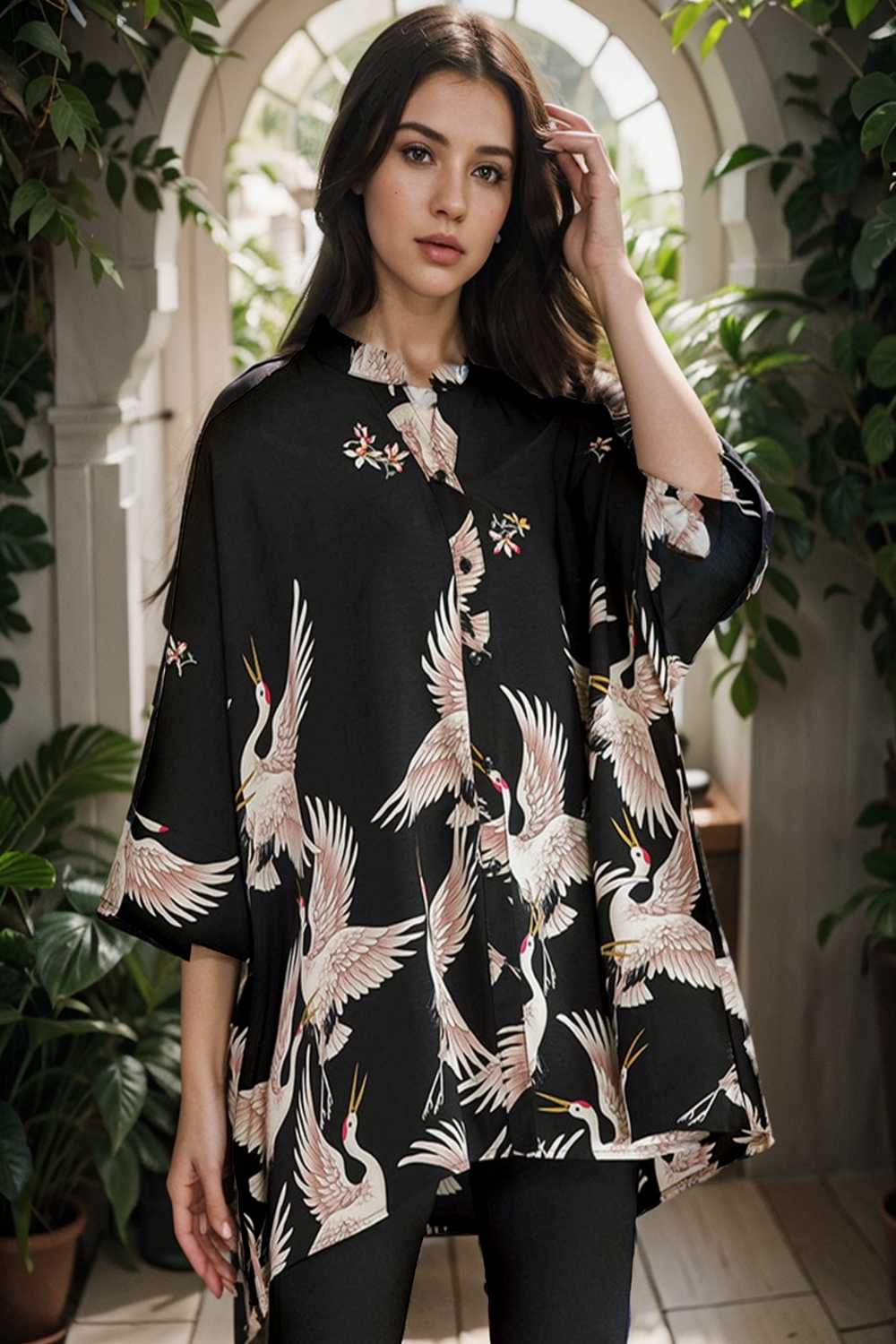 size curve blouses crane print loose oversized blouse