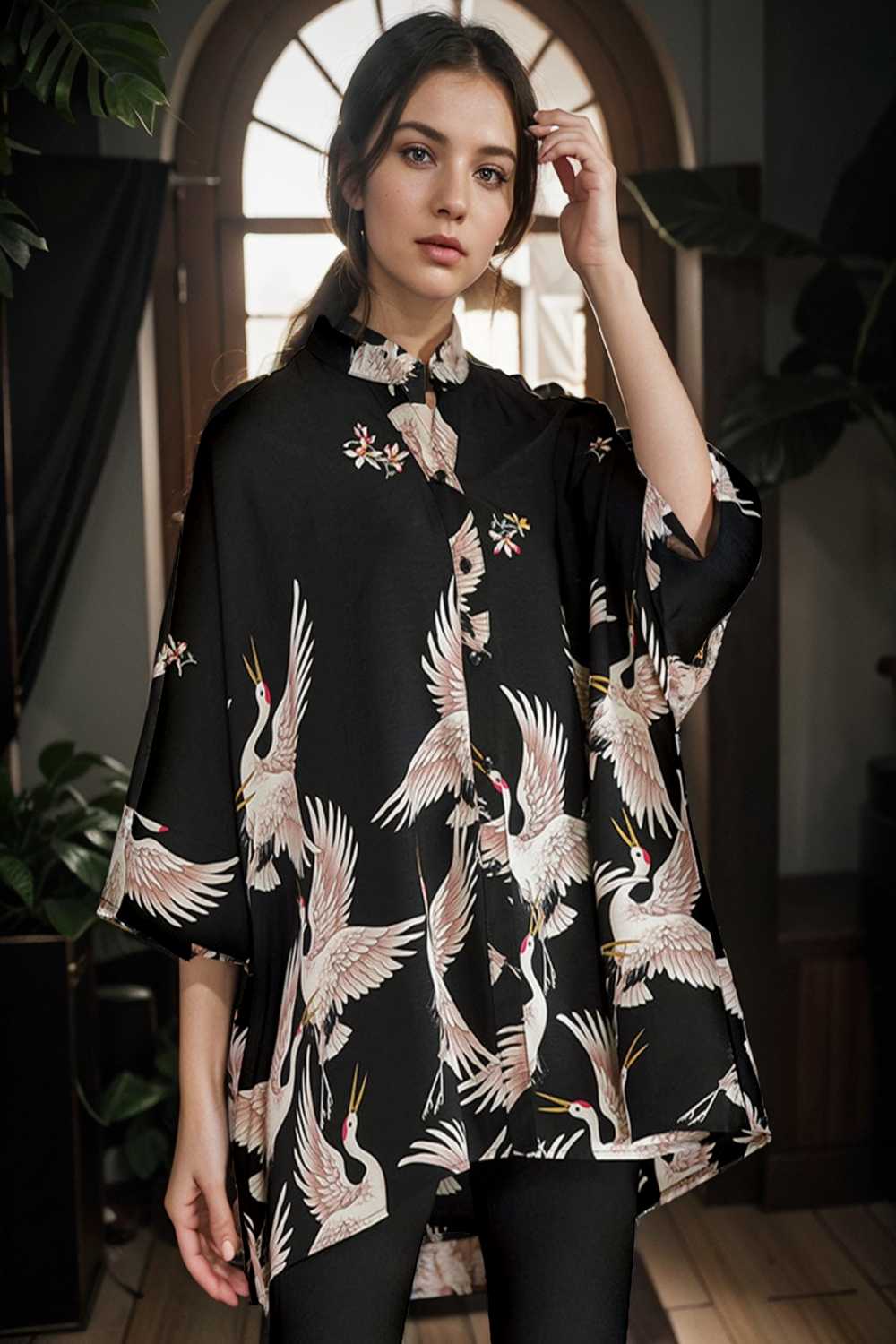 size curve blouses crane print loose oversized blouse