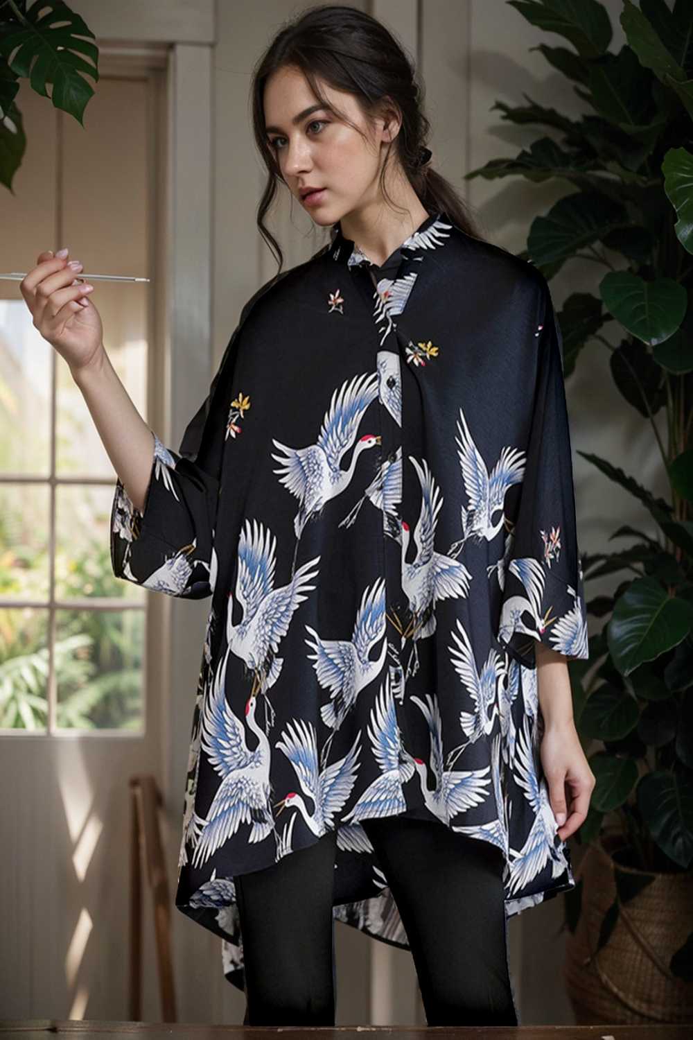 size curve blouses crane print loose oversized blouse