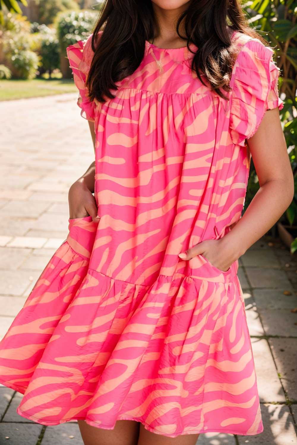 sloping shoulder ruffle print dress