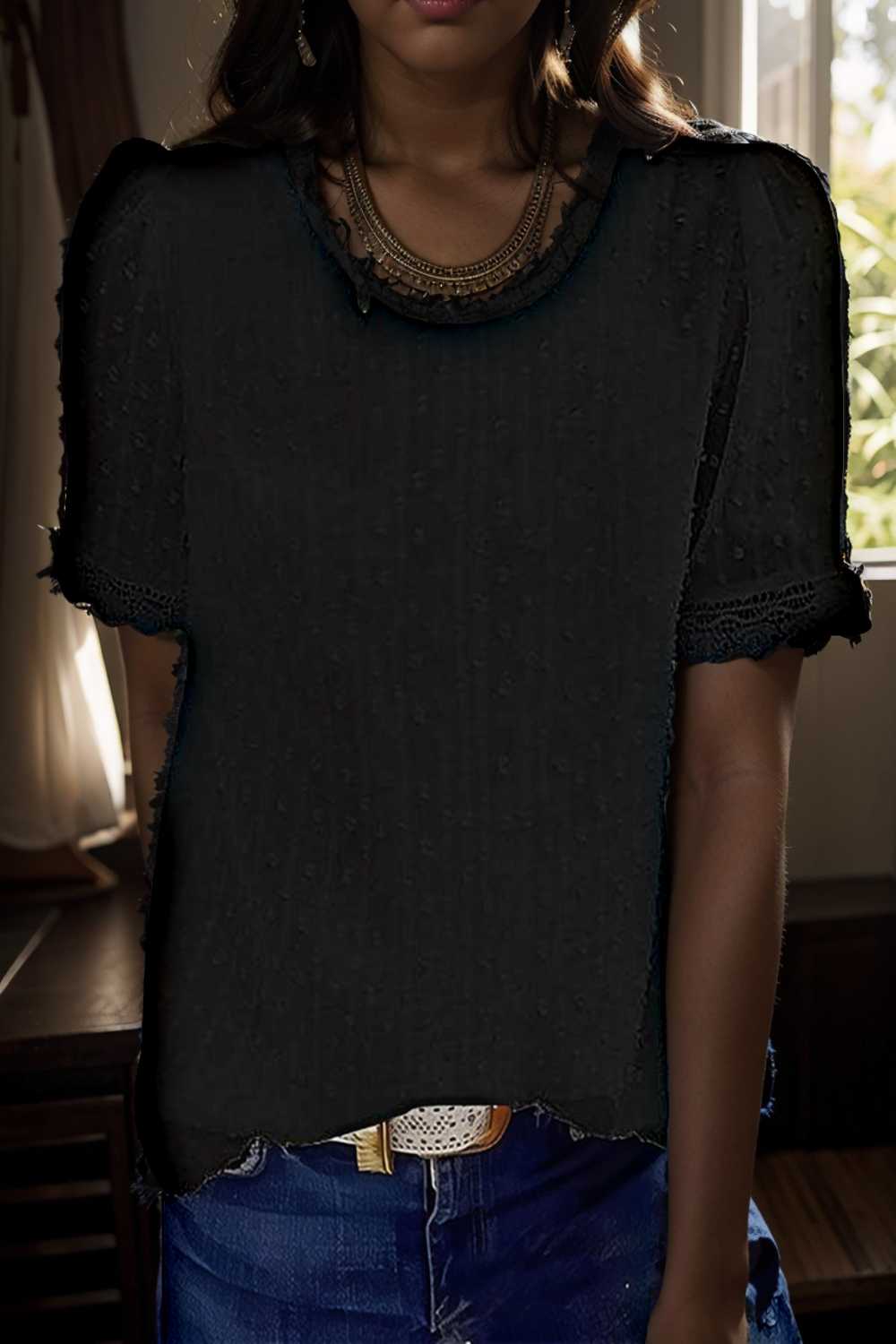 solid chiffon round neck short sleeve top