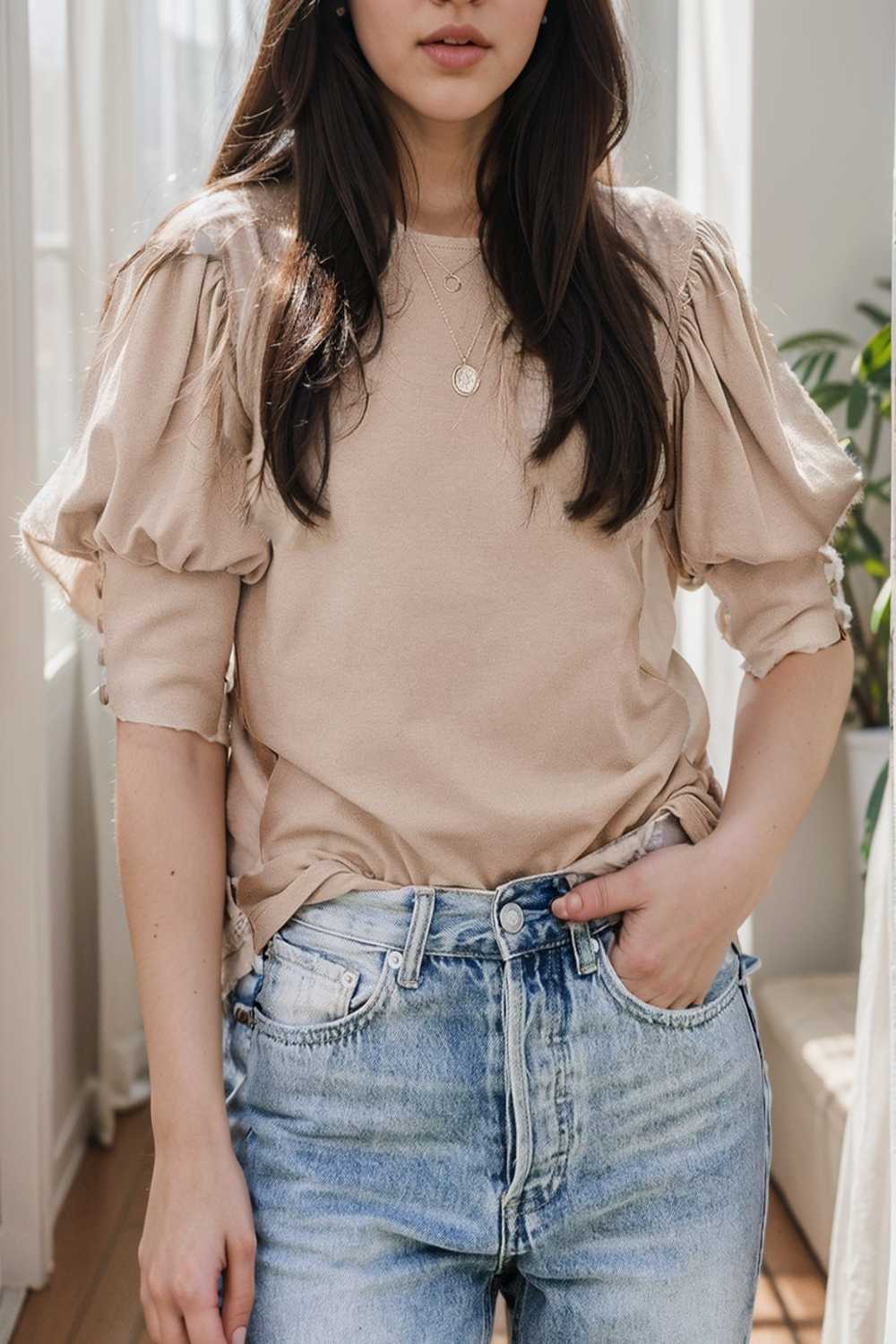 solid color button loose casual round neck t shirt