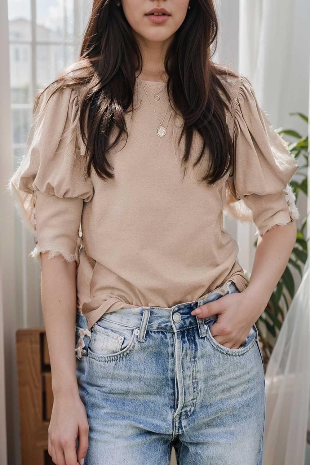 solid color button loose casual round neck t shirt