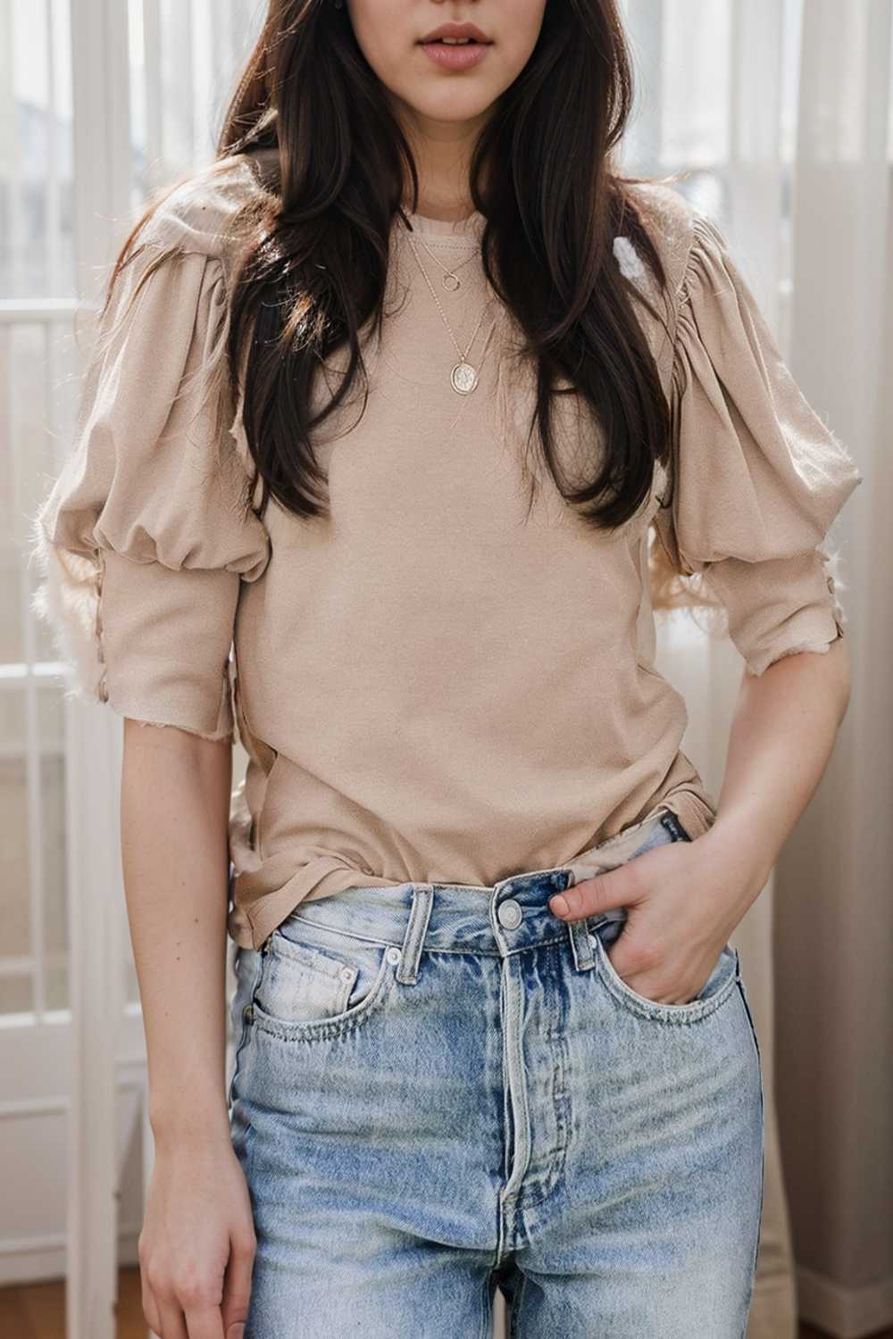solid color button loose casual round neck t shirt