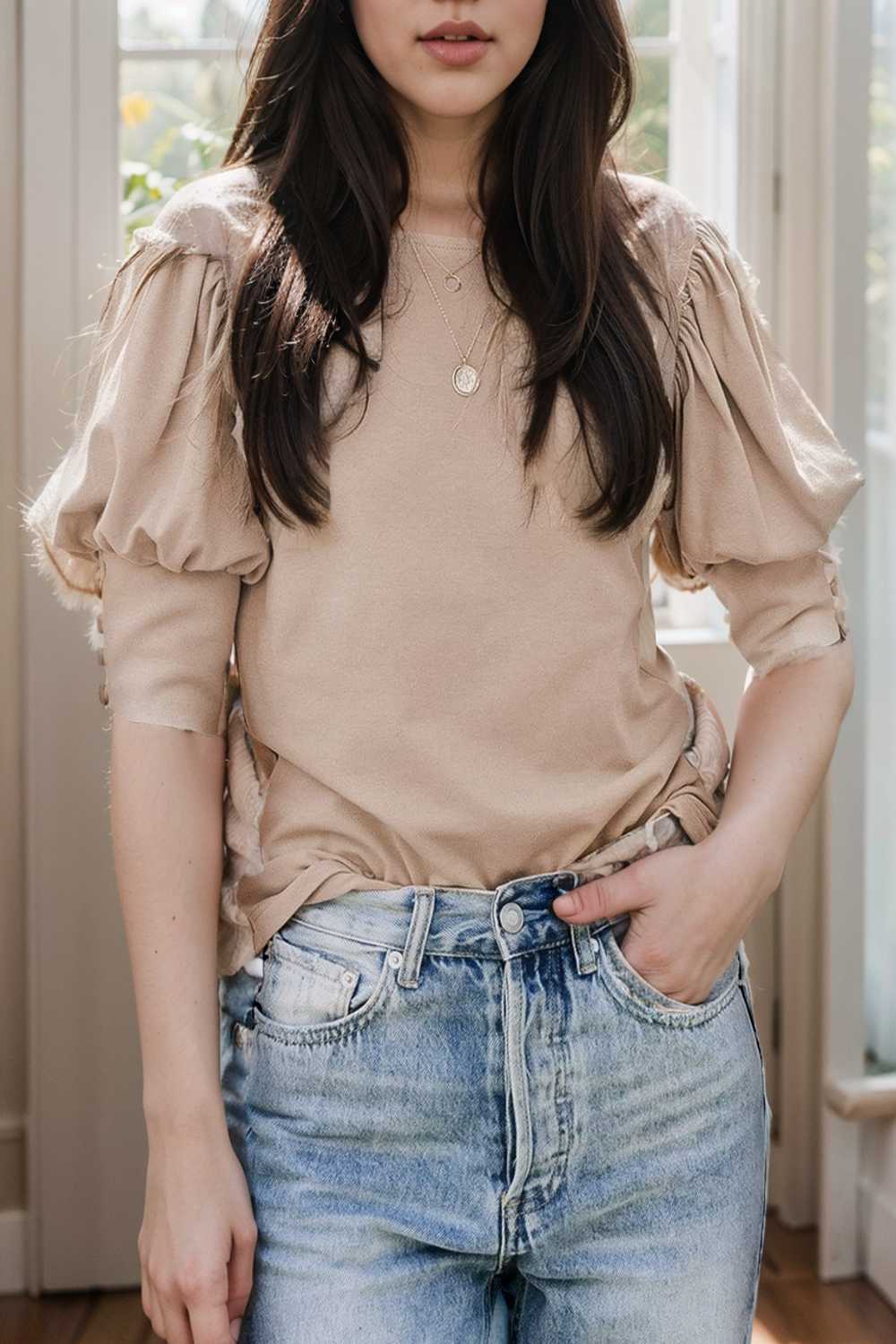 solid color button loose casual round neck t shirt