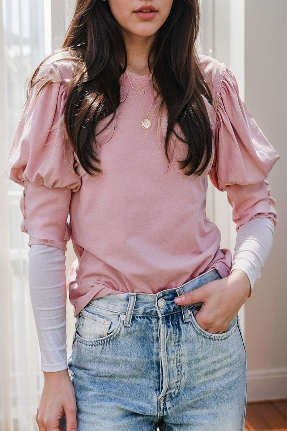 solid color button loose casual round neck t shirt