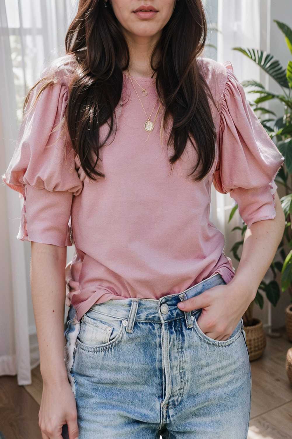 solid color button loose casual round neck t shirt