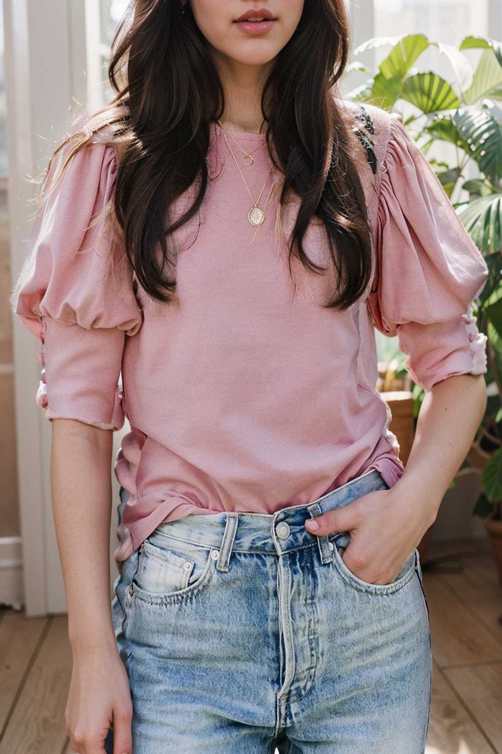 solid color button loose casual round neck t shirt