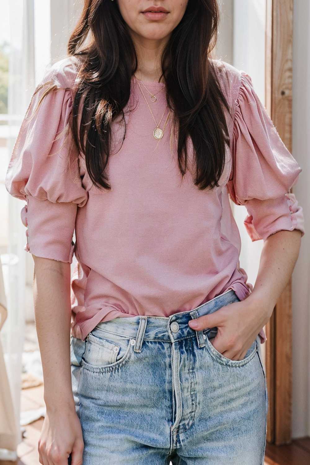 solid color button loose casual round neck t shirt