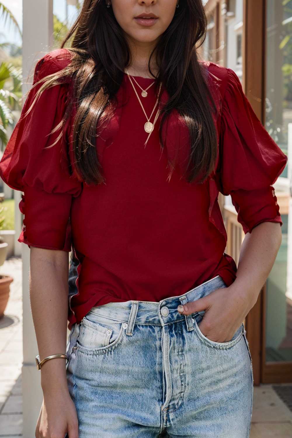 solid color button loose casual round neck t shirt