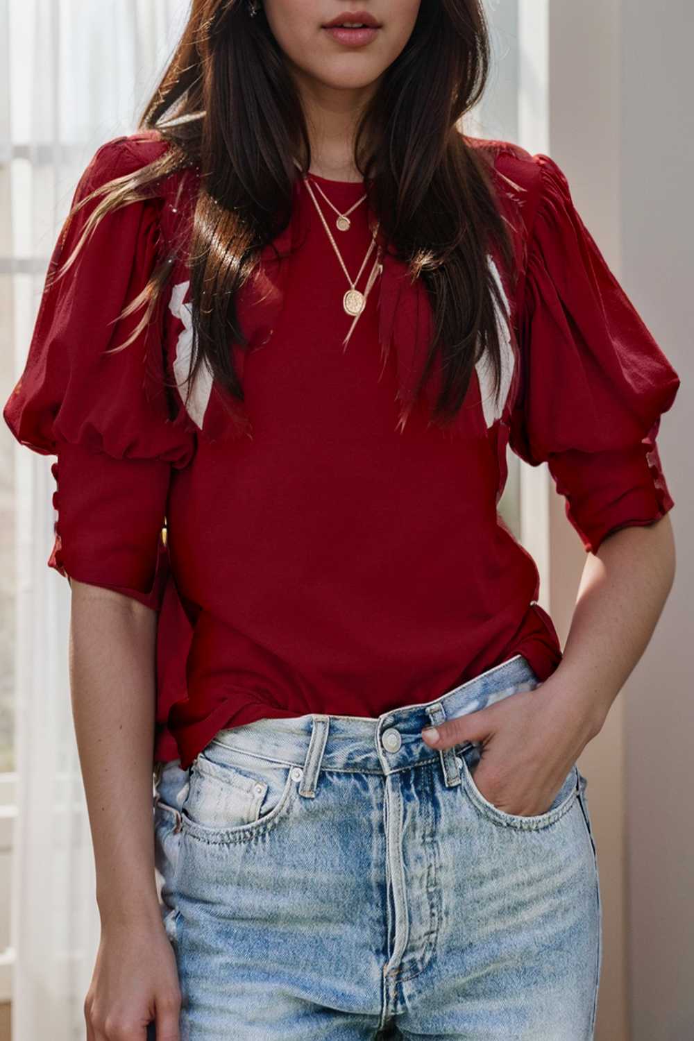 solid color button loose casual round neck t shirt