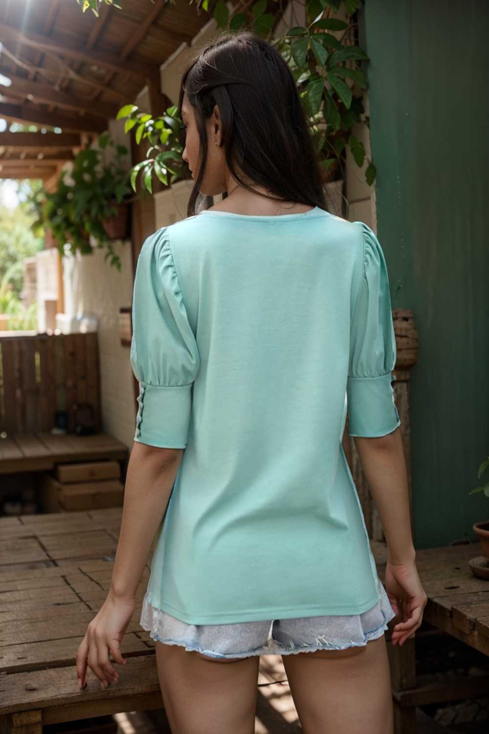 solid color button loose casual round neck t shirt