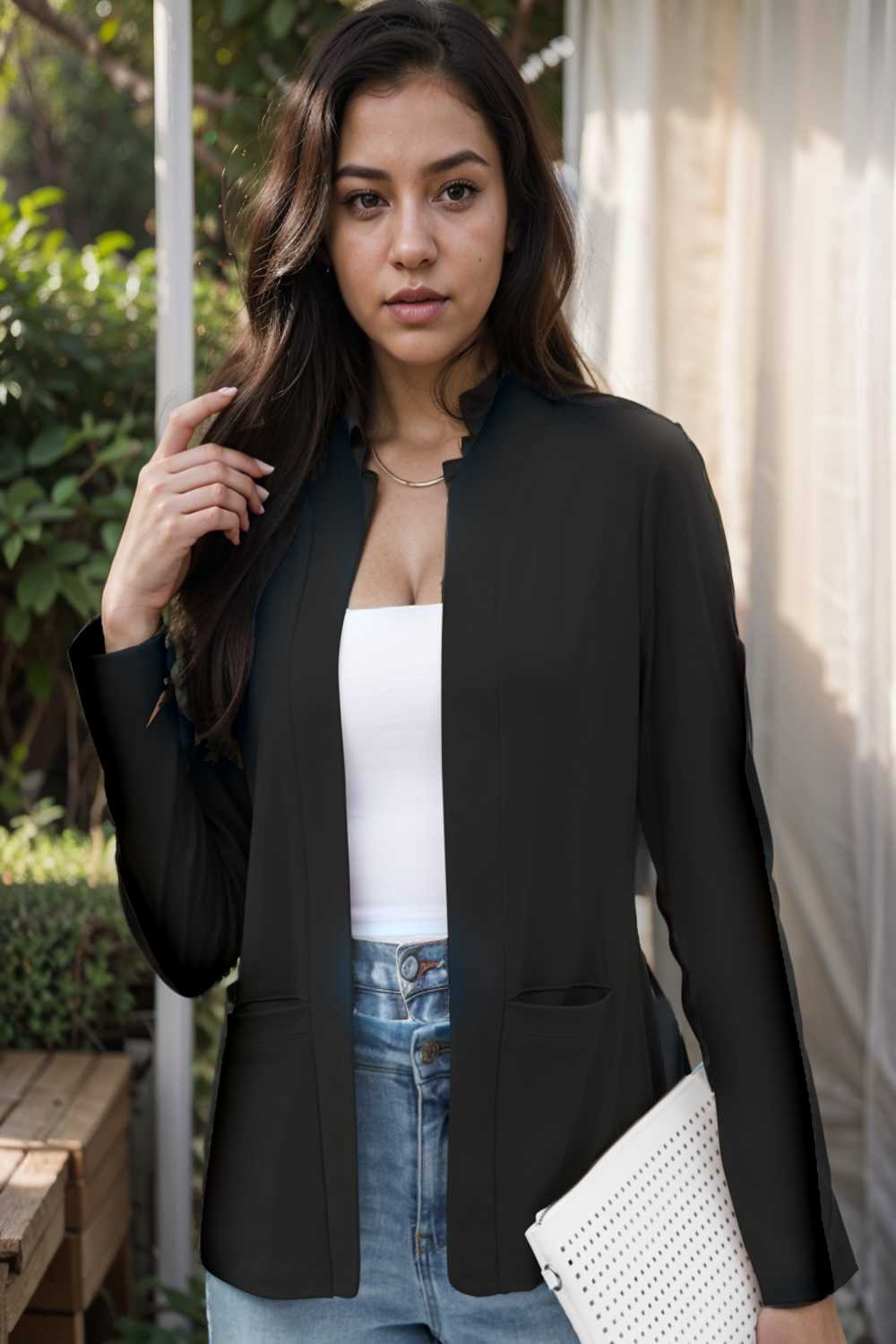 solid long sleeves pockets open front versatile blazer