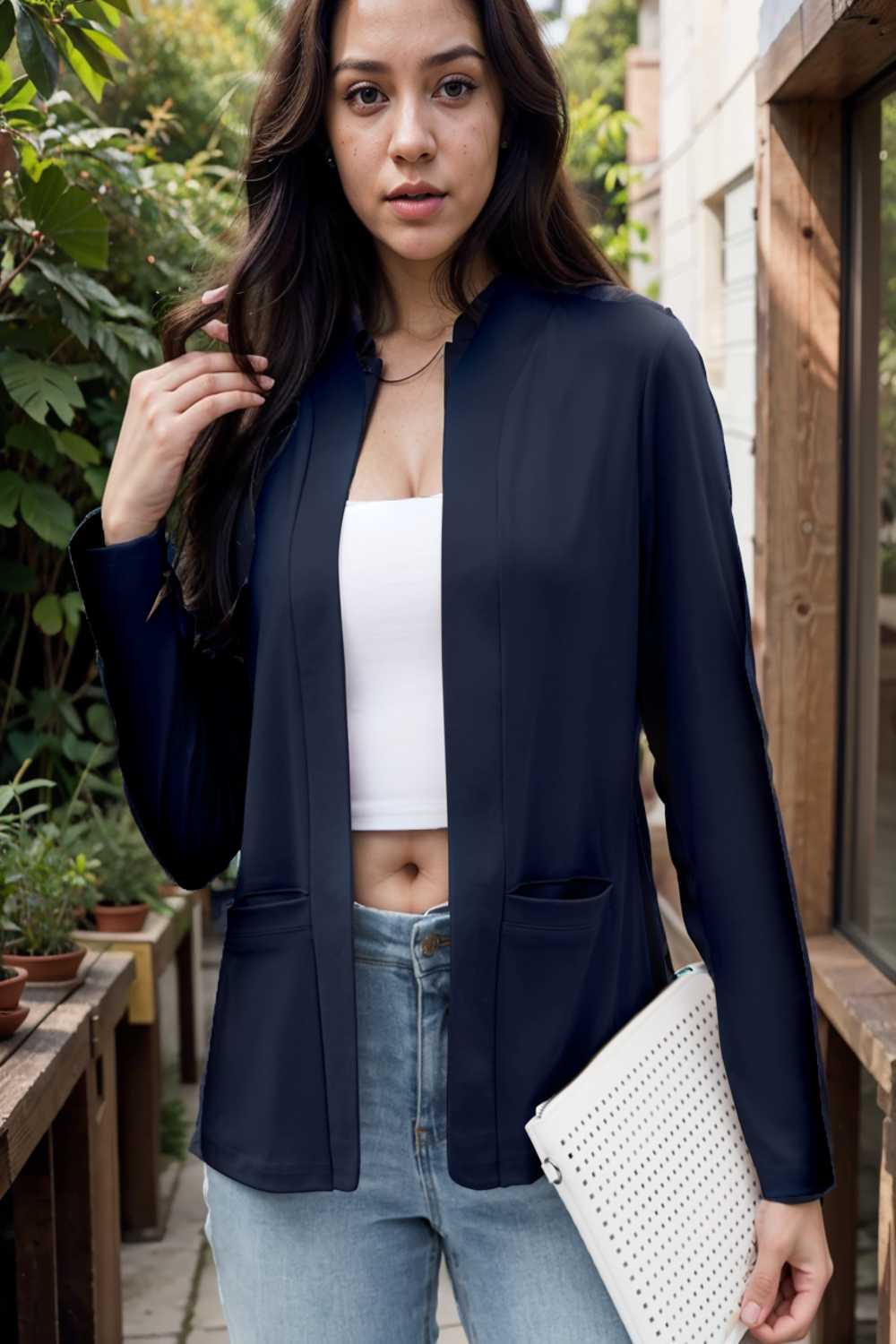 solid long sleeves pockets open front versatile blazer