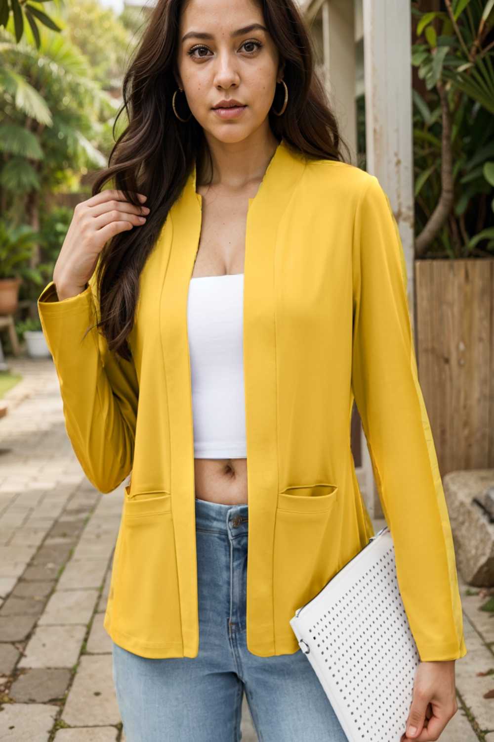 solid long sleeves pockets open front versatile blazer