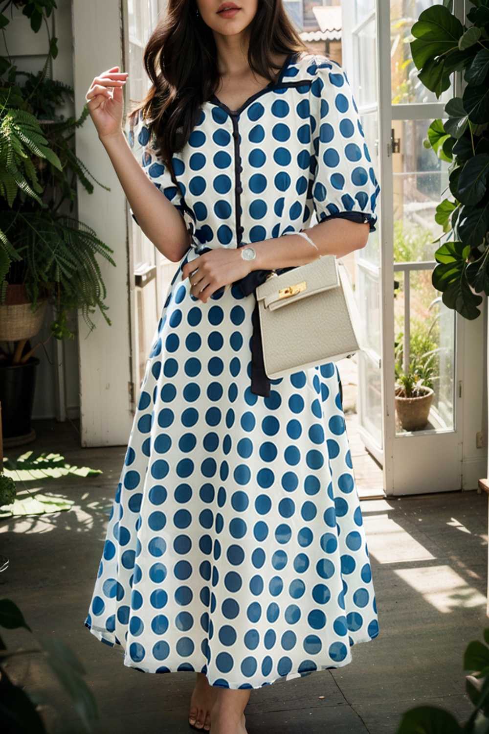 stylish printed high waist polka dot midi dress
