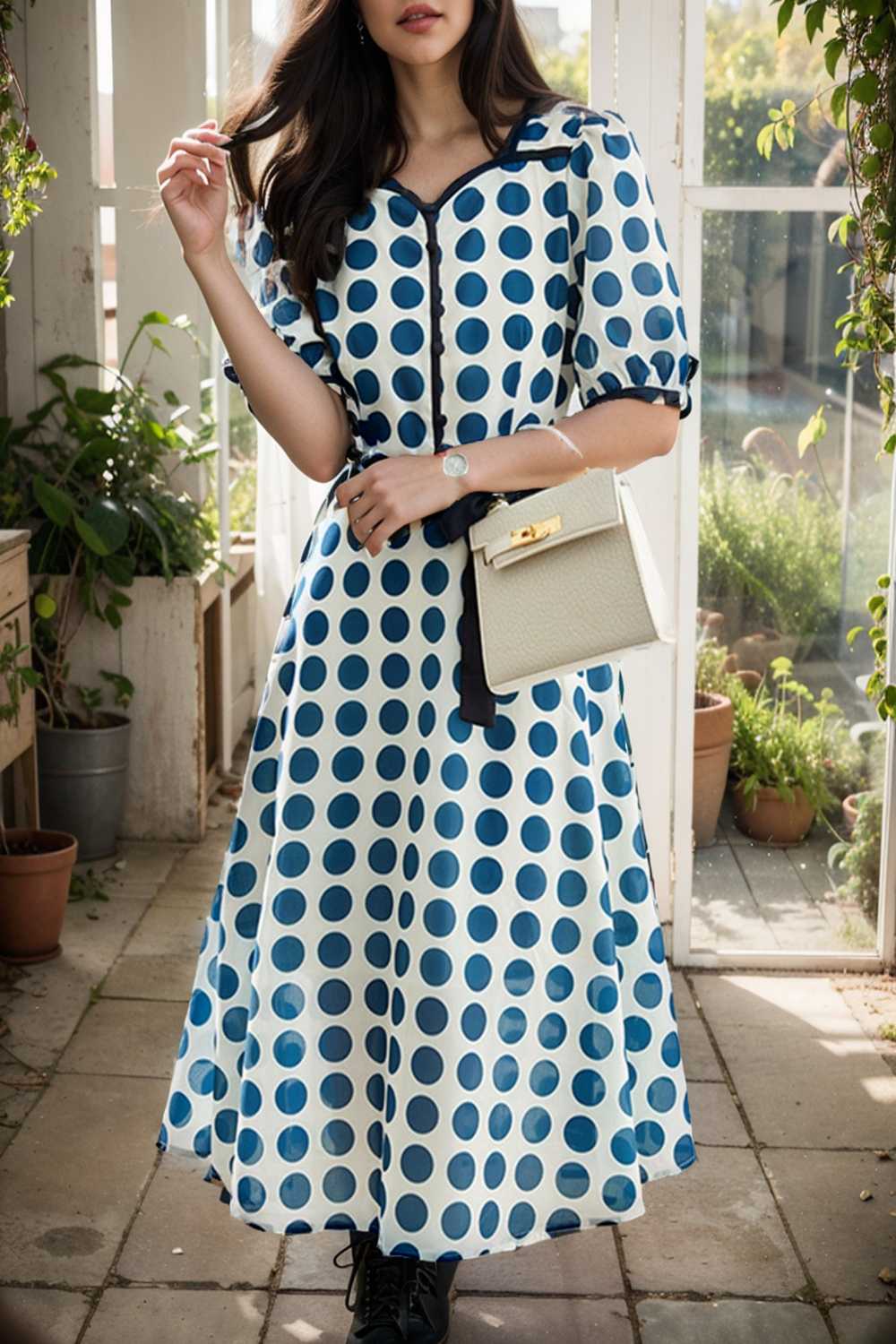 stylish printed high waist polka dot midi dress