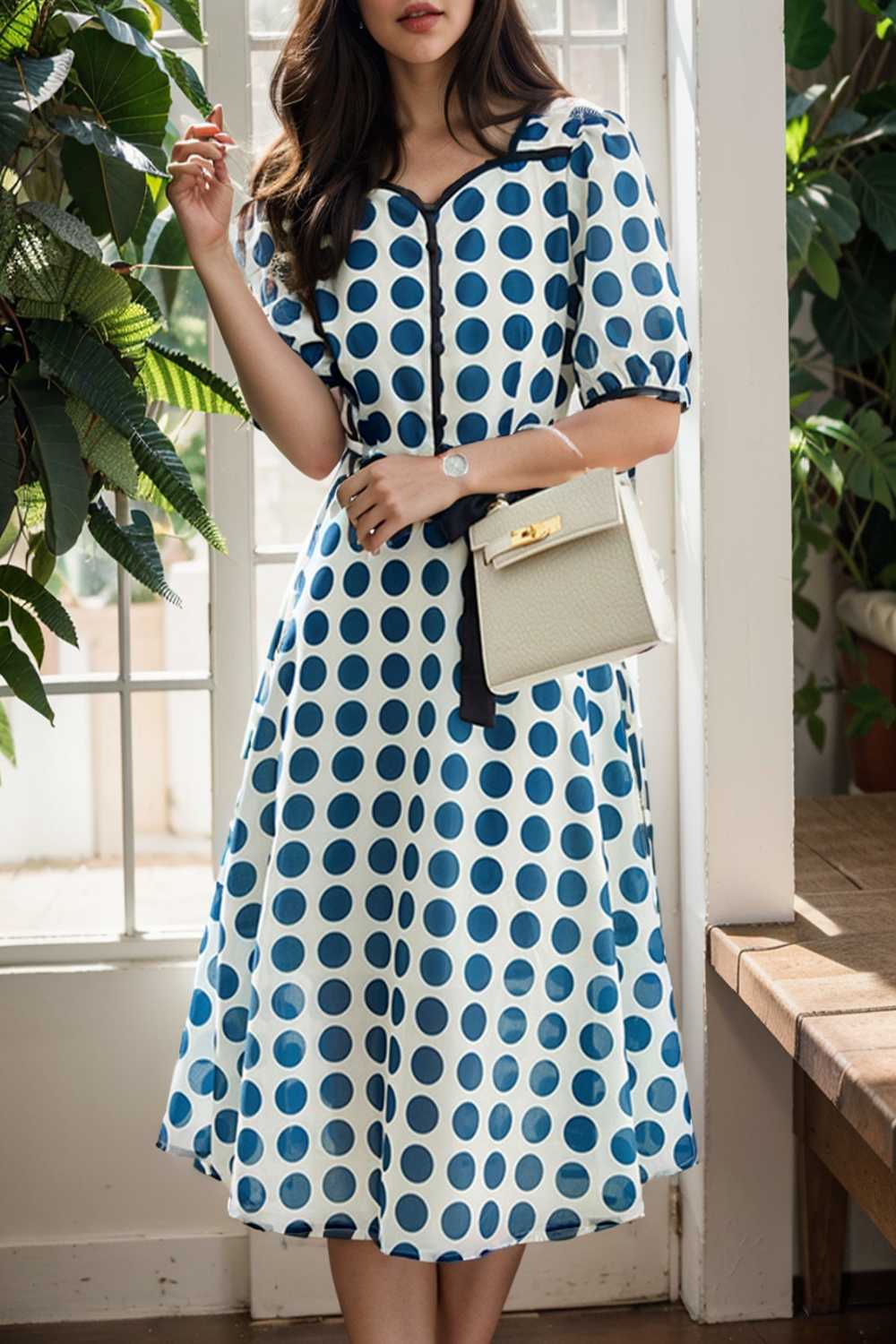 stylish printed high waist polka dot midi dress