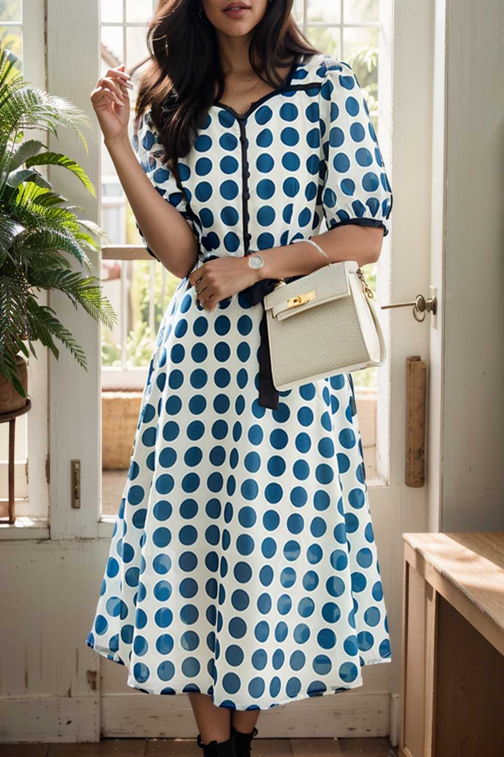 stylish printed high waist polka dot midi dress