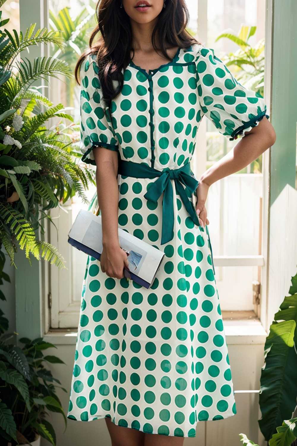 stylish printed high waist polka dot midi dress