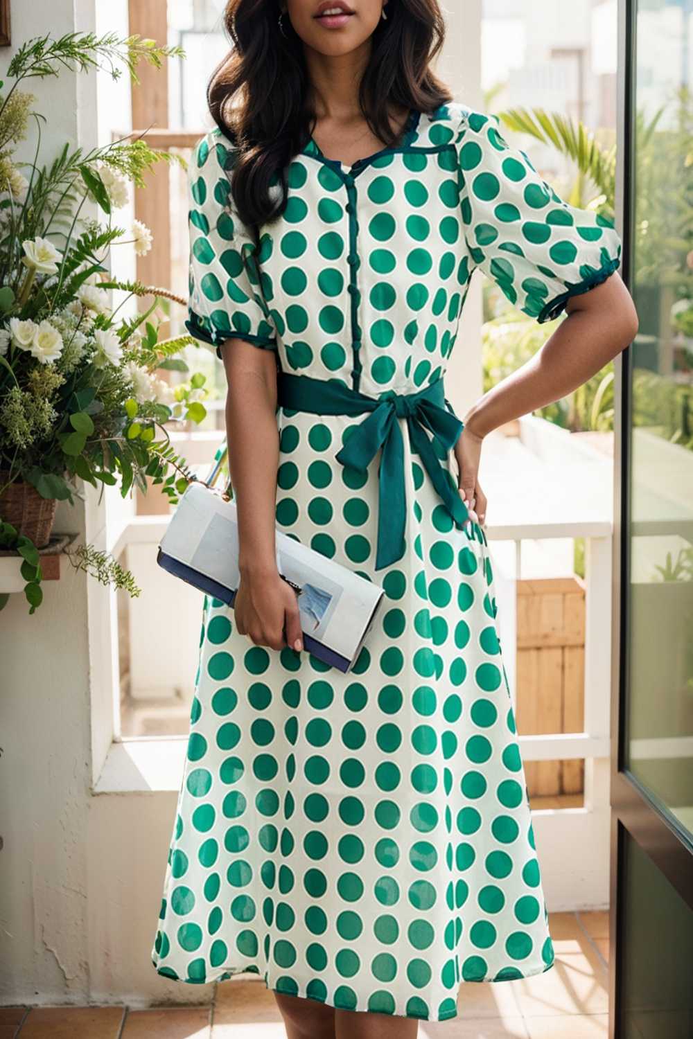stylish printed high waist polka dot midi dress