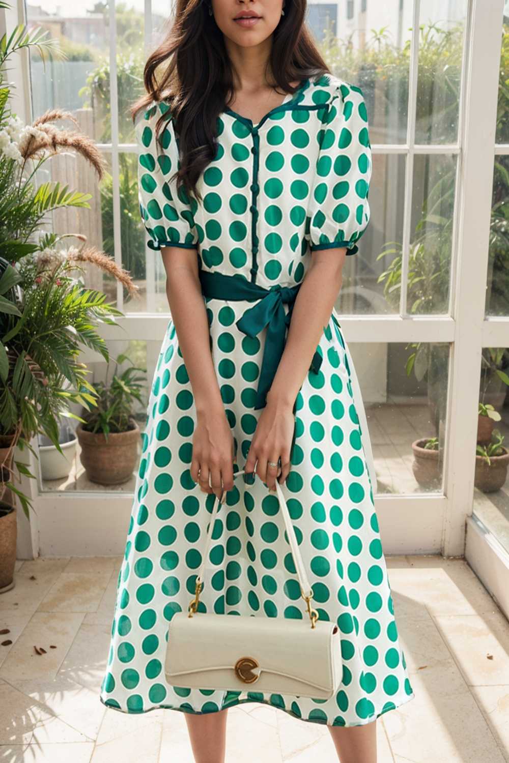 stylish printed high waist polka dot midi dress