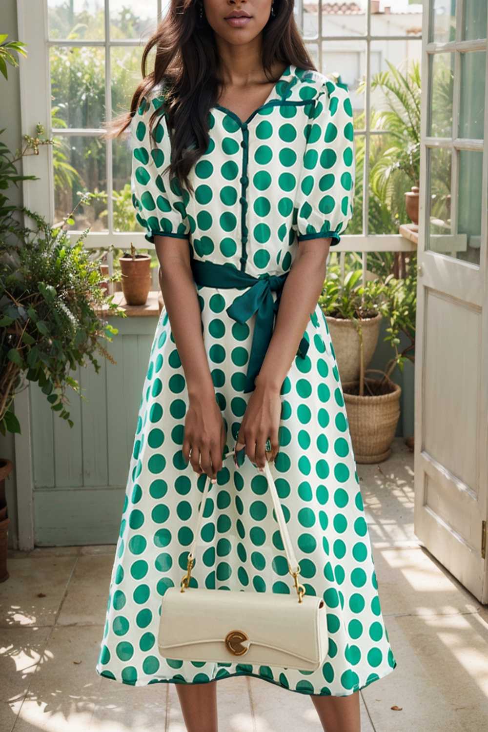 stylish printed high waist polka dot midi dress