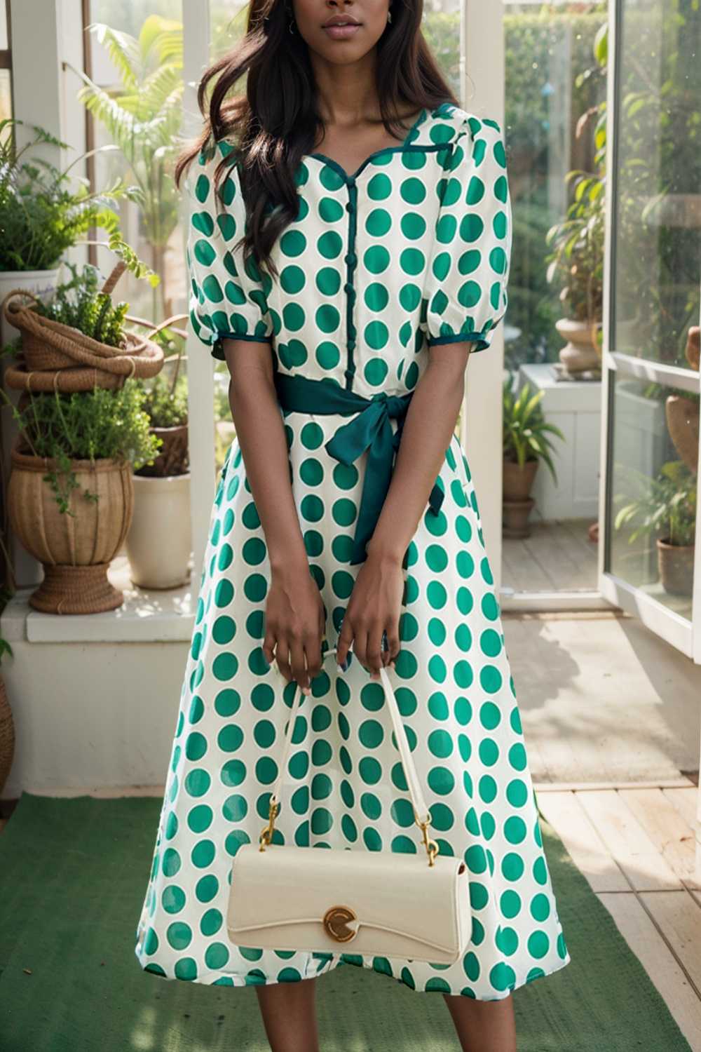 stylish printed high waist polka dot midi dress