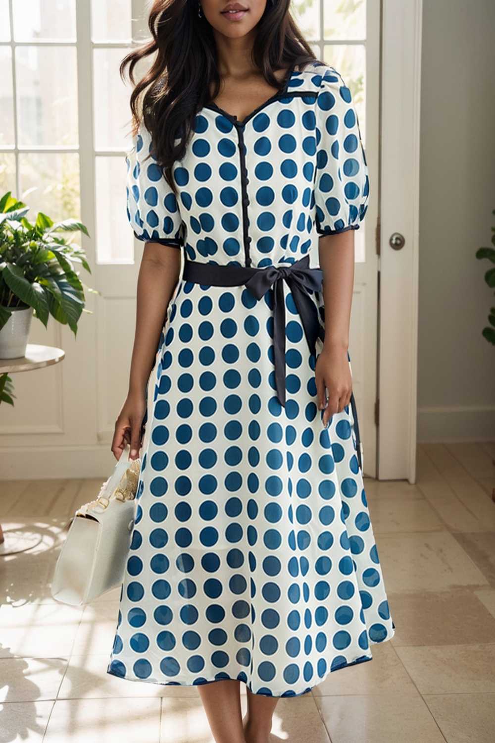 stylish printed high waist polka dot midi dress