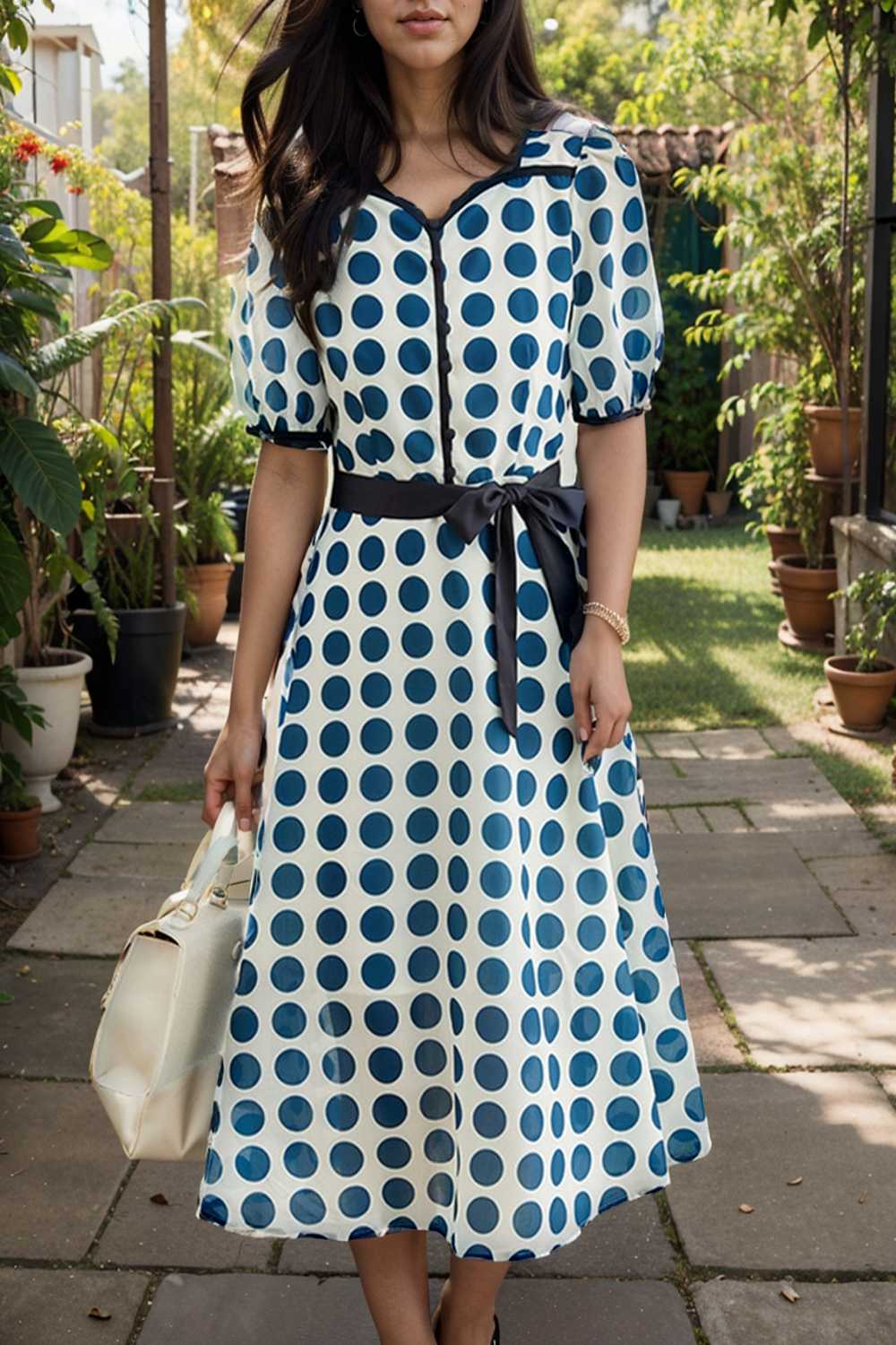 stylish printed high waist polka dot midi dress