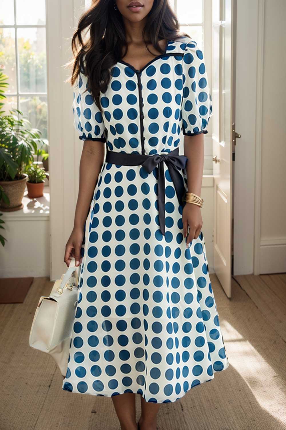 stylish printed high waist polka dot midi dress