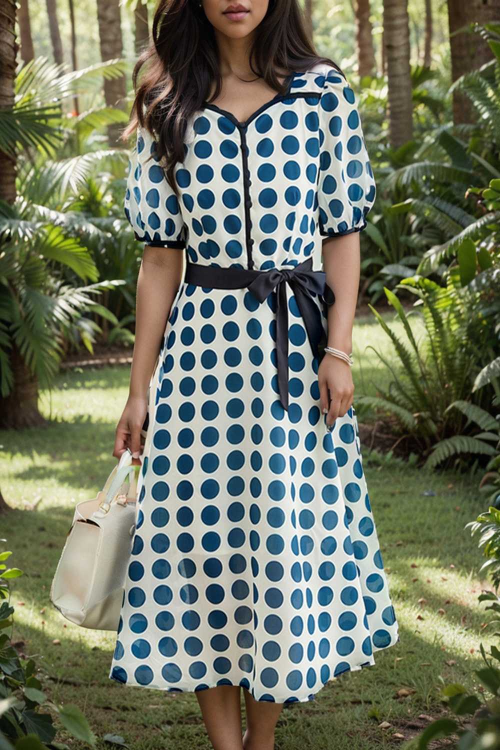 stylish printed high waist polka dot midi dress