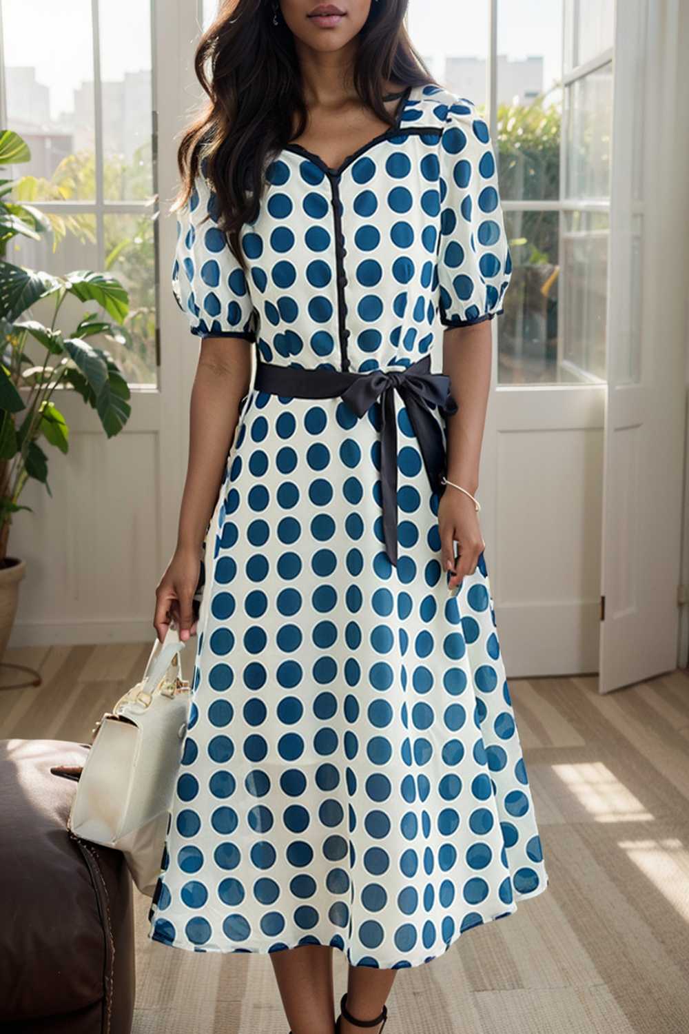 stylish printed high waist polka dot midi dress