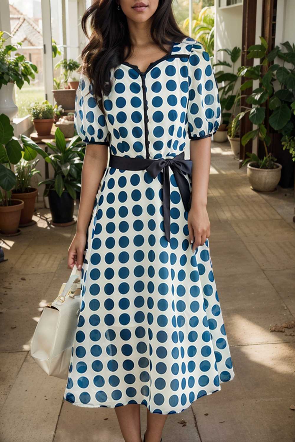 stylish printed high waist polka dot midi dress