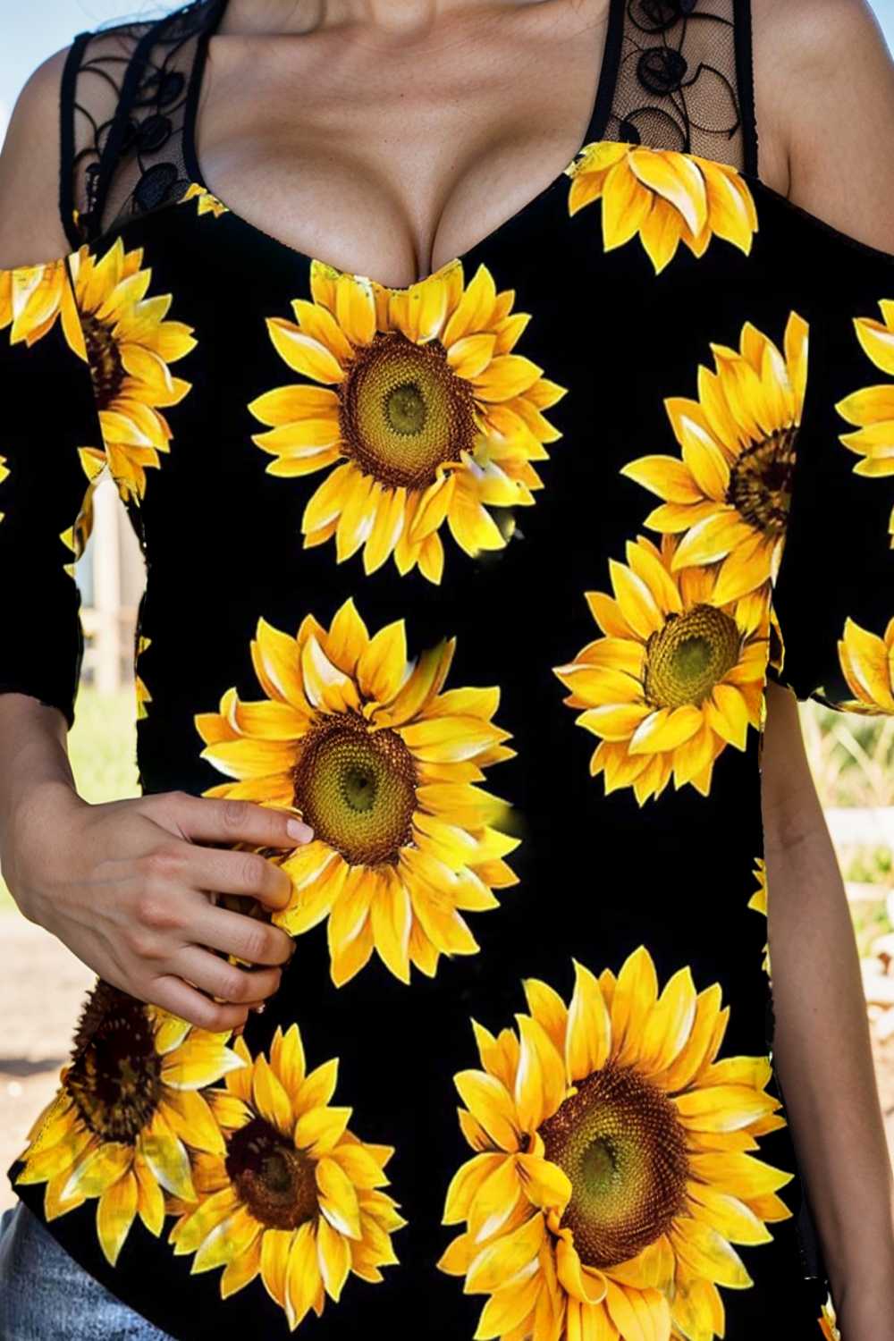 sunflower print off shoulder hollow wide shoulder strap t shirt
