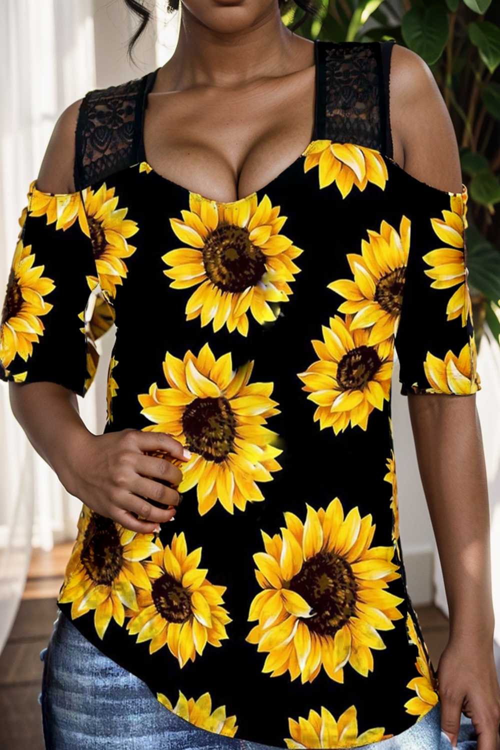 sunflower print off shoulder hollow wide shoulder strap t shirt
