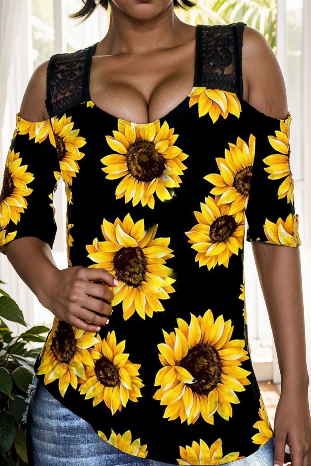 sunflower print off shoulder hollow wide shoulder strap t shirt