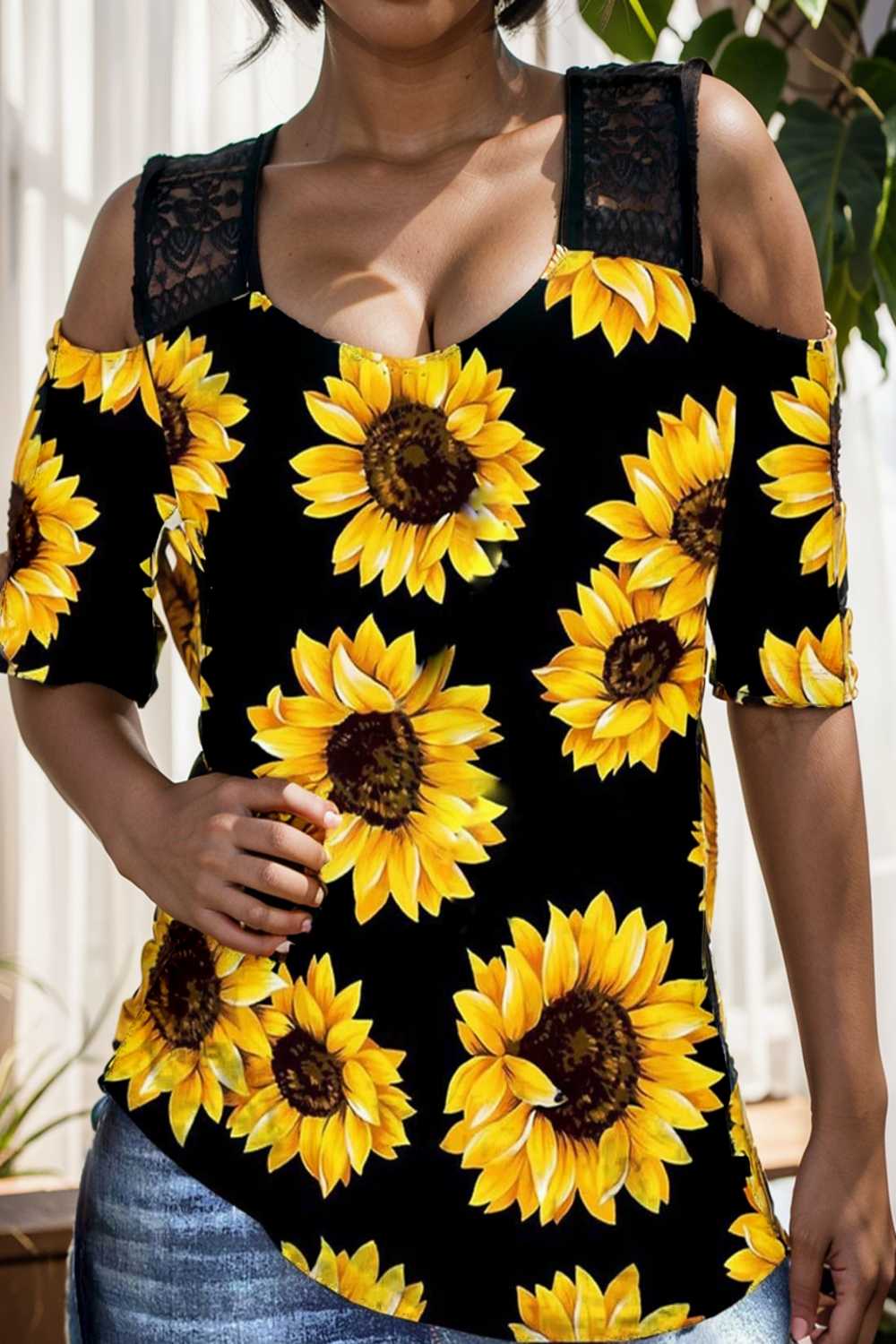 sunflower print off shoulder hollow wide shoulder strap t shirt