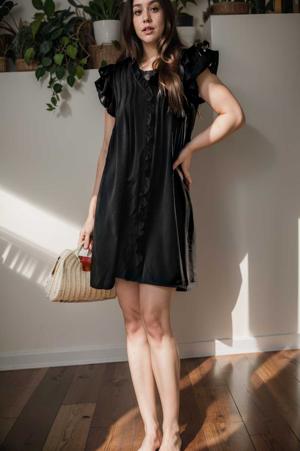 sweet black ruffle sleeve v neck mini shift dress