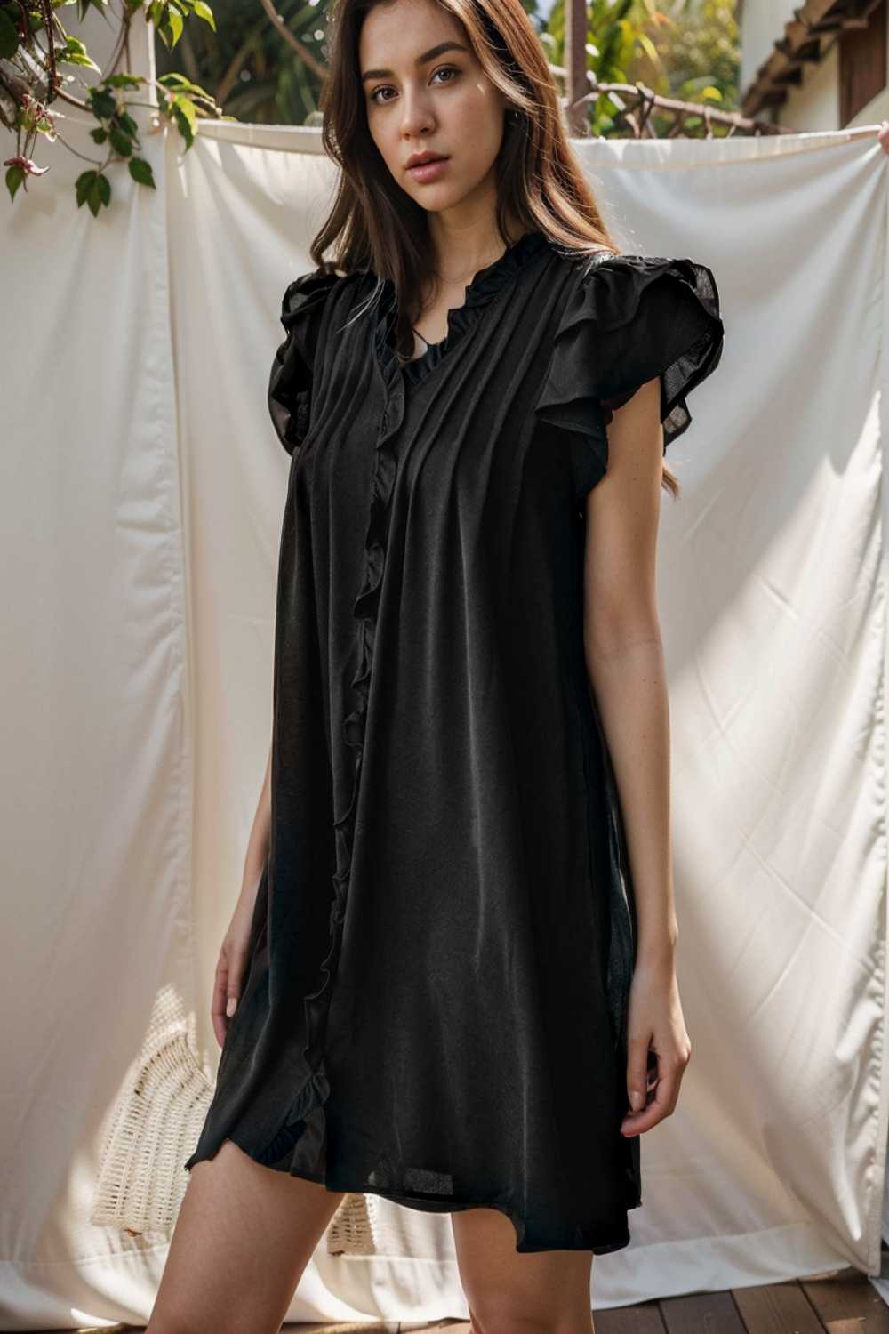 sweet black ruffle sleeve v neck mini shift dress