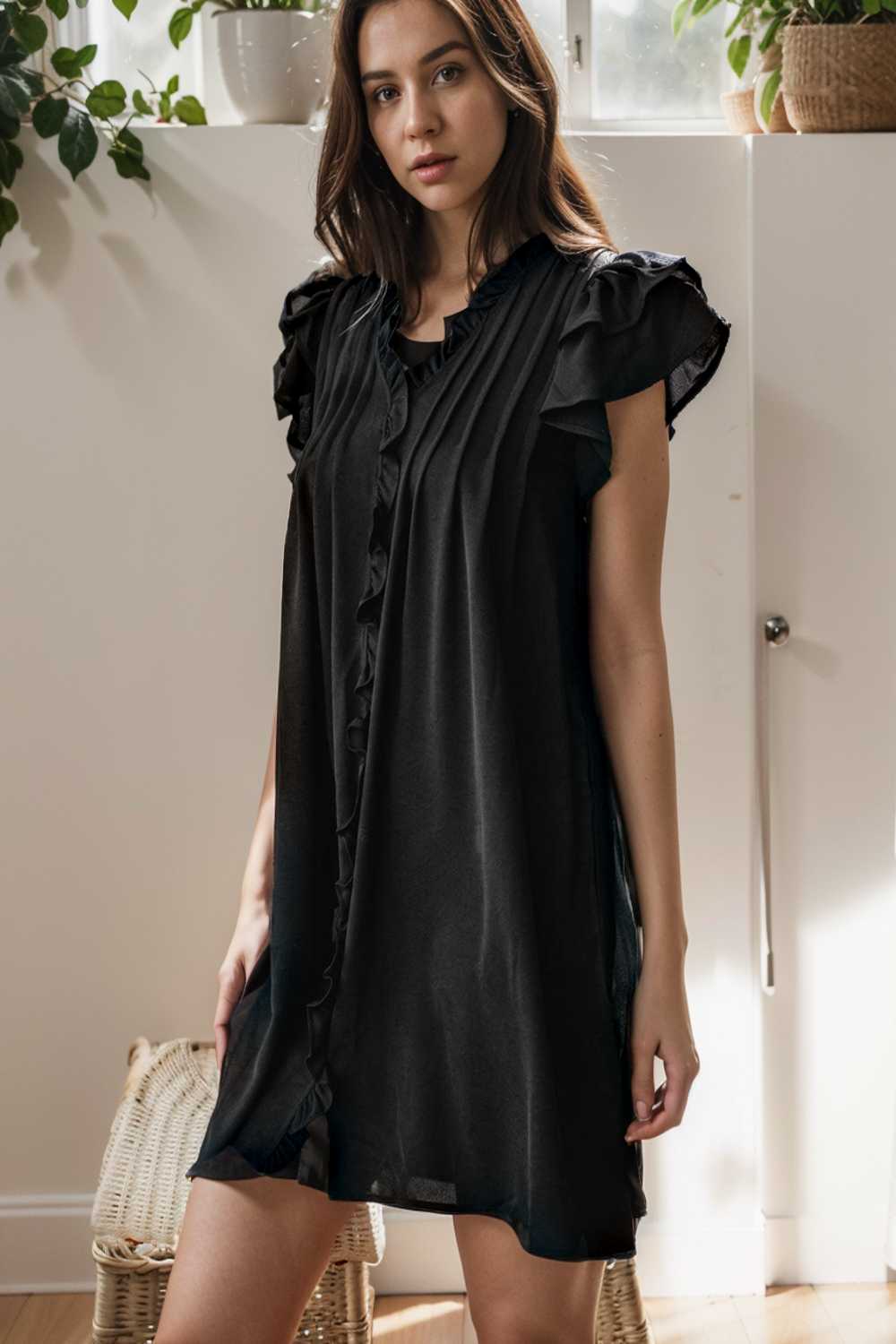 sweet black ruffle sleeve v neck mini shift dress