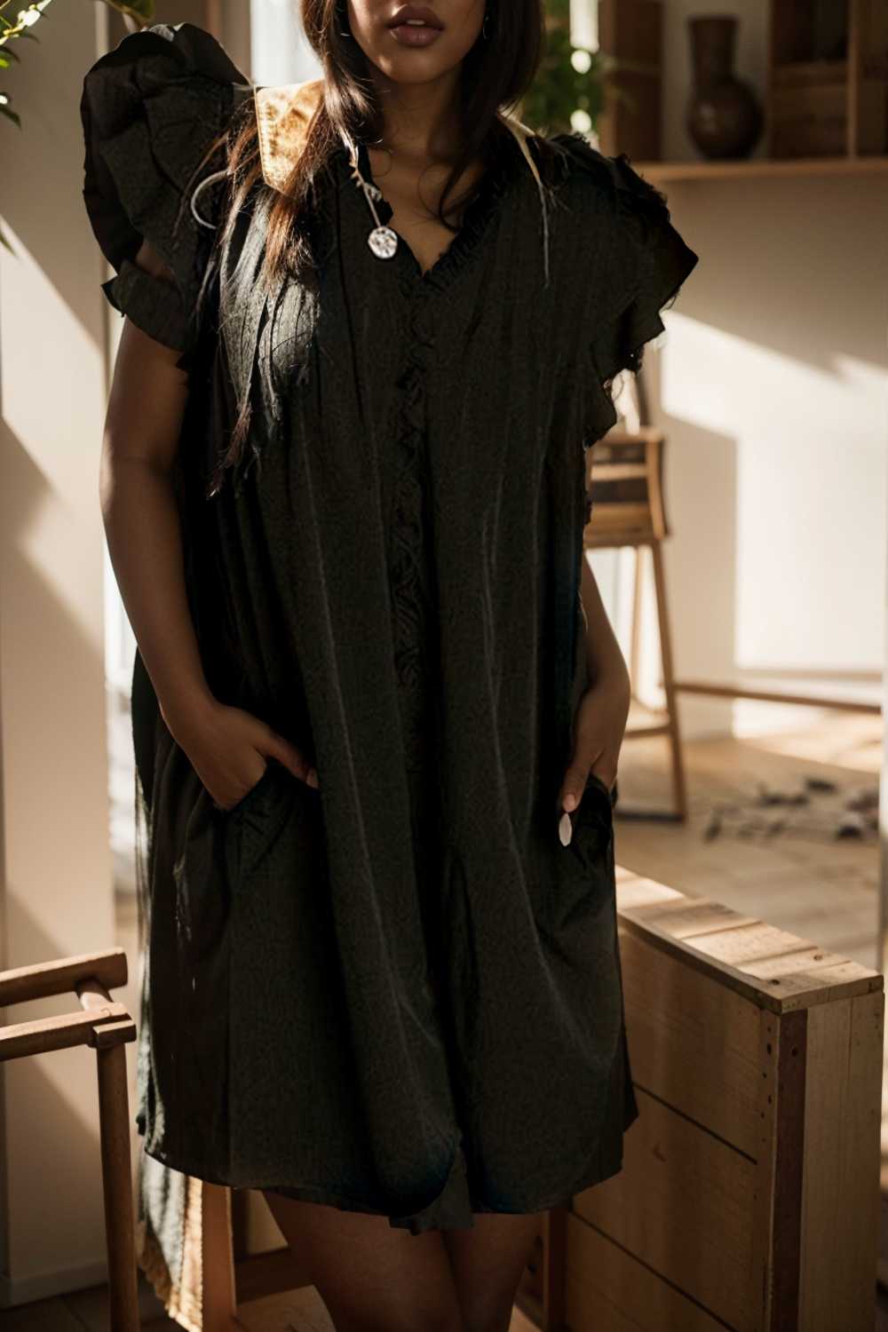 sweet black ruffle sleeve v neck mini shift dress