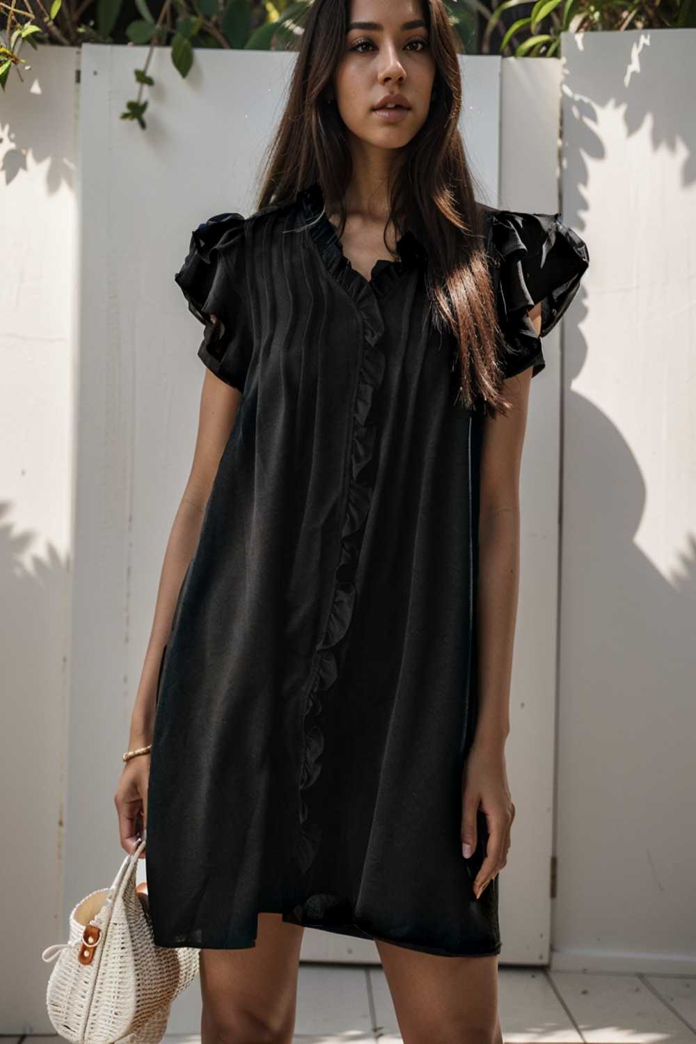 sweet black ruffle sleeve v neck mini shift dress