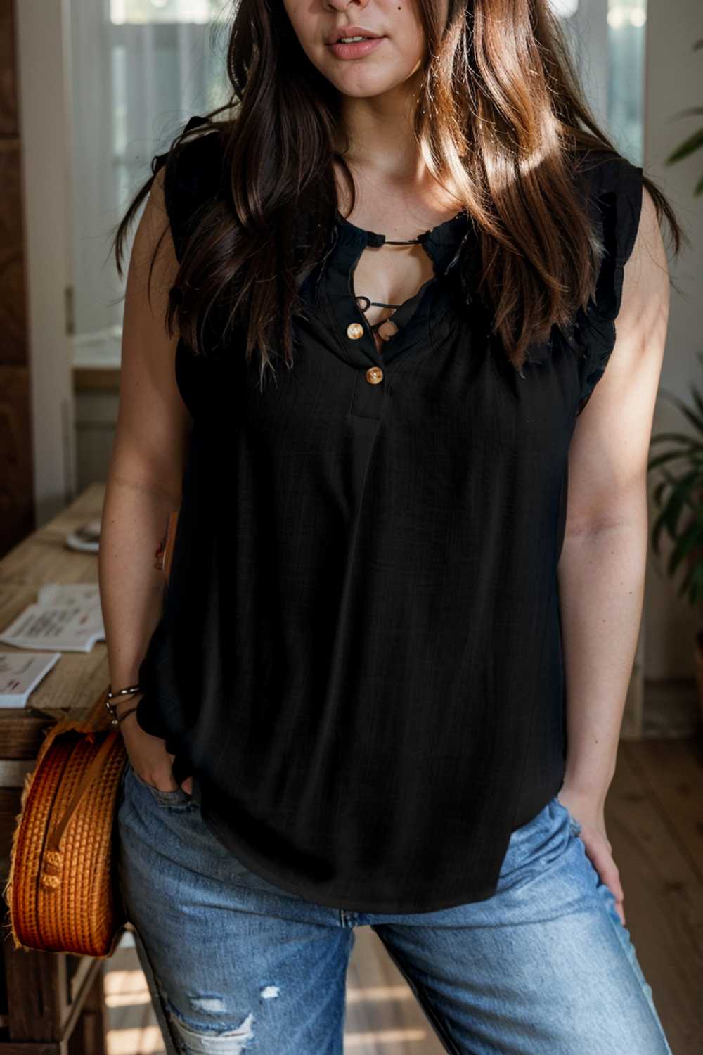 temperament commuter ruffle stitching v neck pullover sleeveless vest