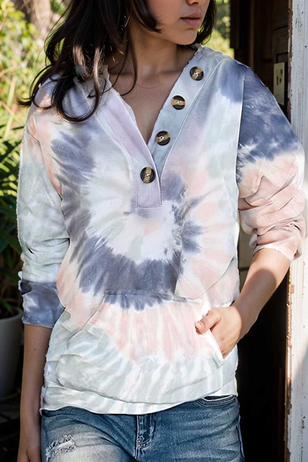 tie dye printed button long sleeve hoodie