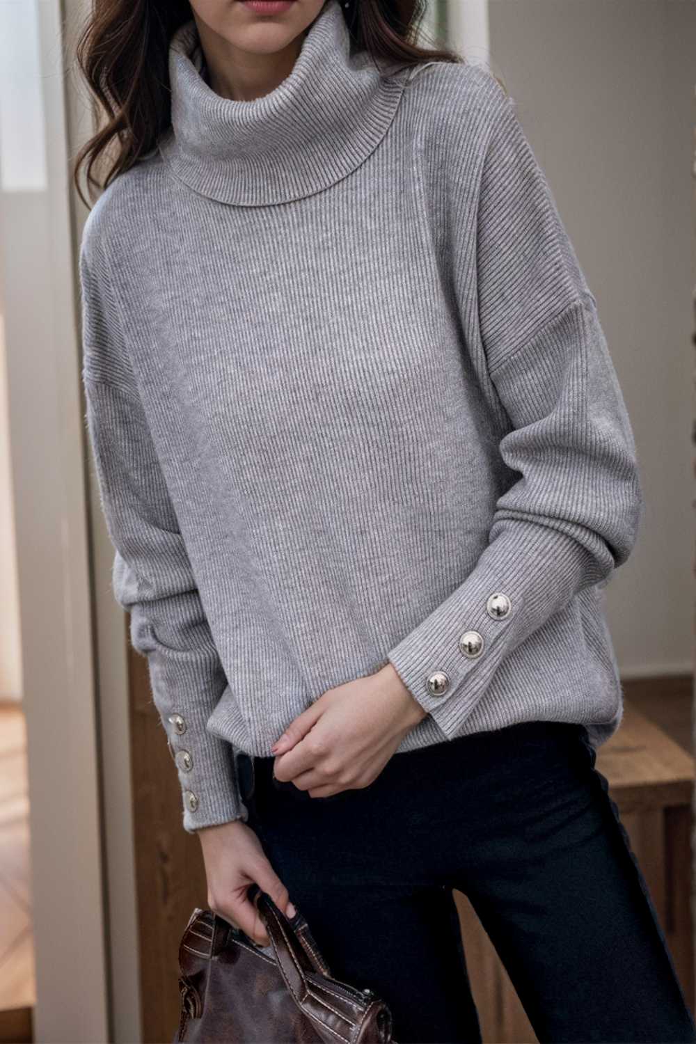turtleneck solid long sleeve knitted sweater