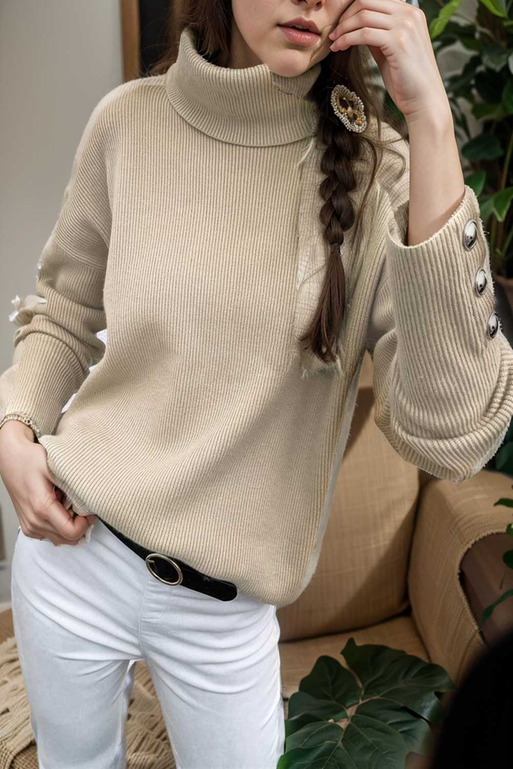 turtleneck solid long sleeve knitted sweater