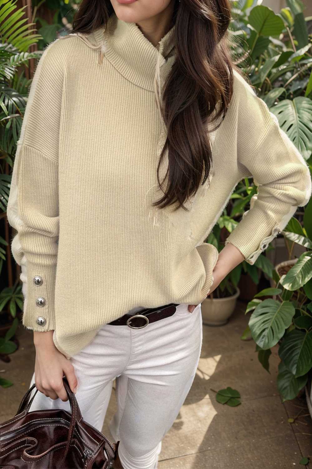 turtleneck solid long sleeve knitted sweater
